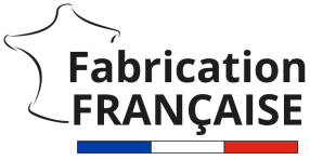 Logo indiquant "Fabrication FRANÇAISE" avec icône de cuir et drapeau tricolore.