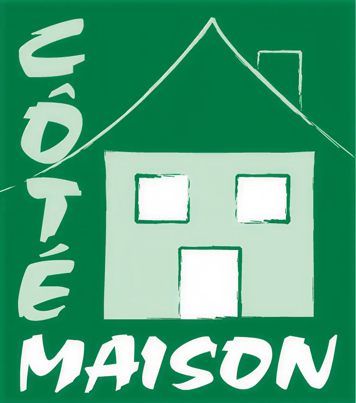 Logo stylisé avec une maison, comportant deux fenêtres carrées et une porte centrale. Couleurs vertes et blanches.