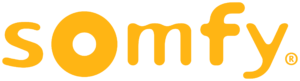 Logo de la marque Somfy en lettres stylisées, de couleur jaune sur fond noir.
