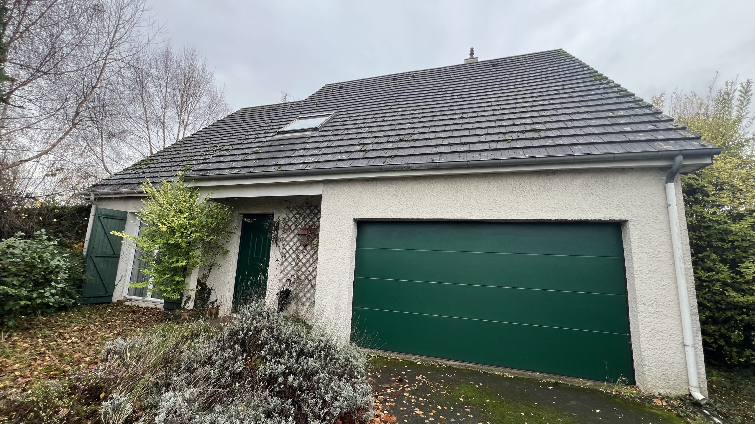 Porte de garage sectionnelle verte en métal.