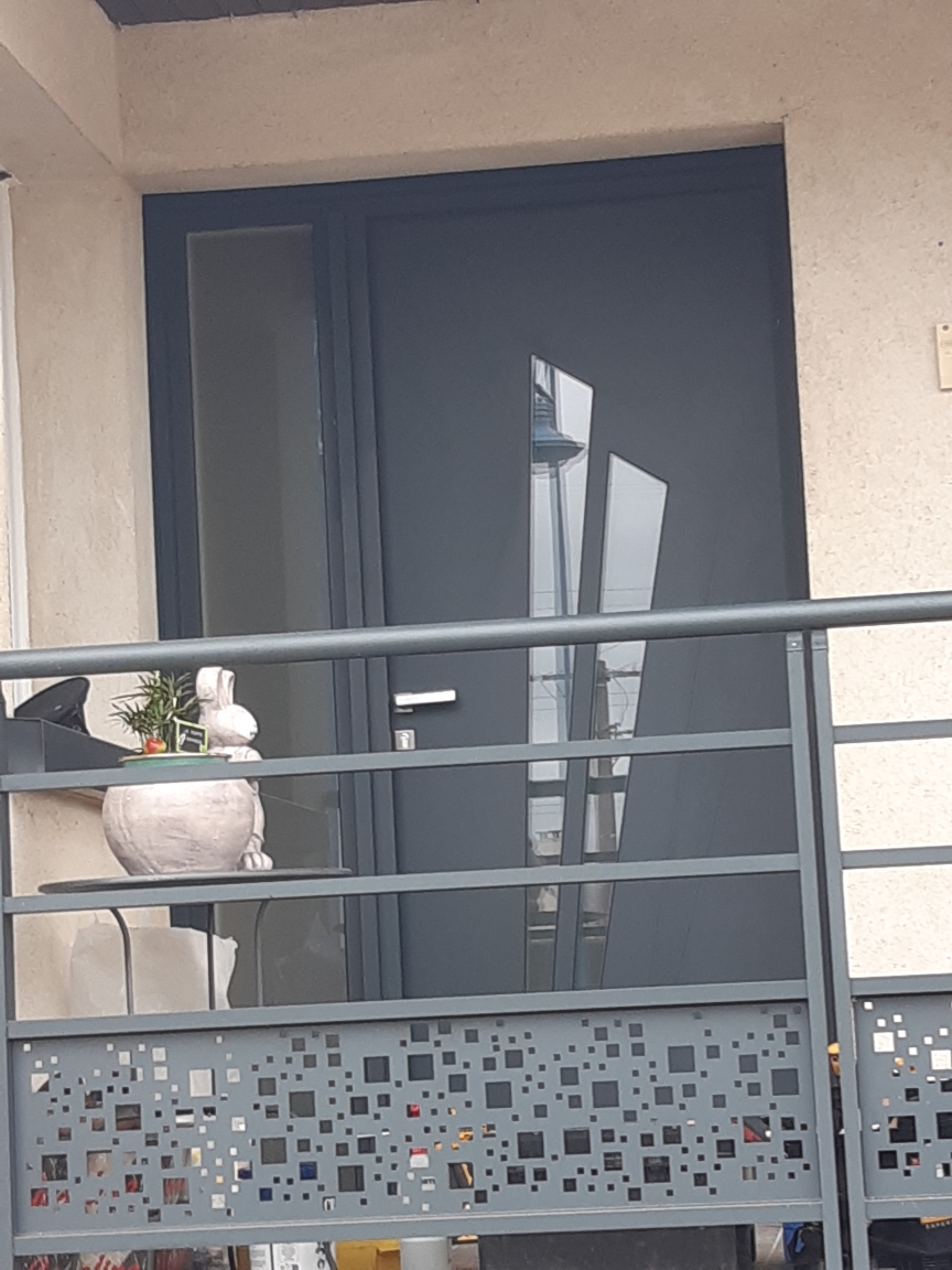 Porte d'entrée en métal gris avec panneaux vitrés. Garde-corps en métal avec motifs géométriques.