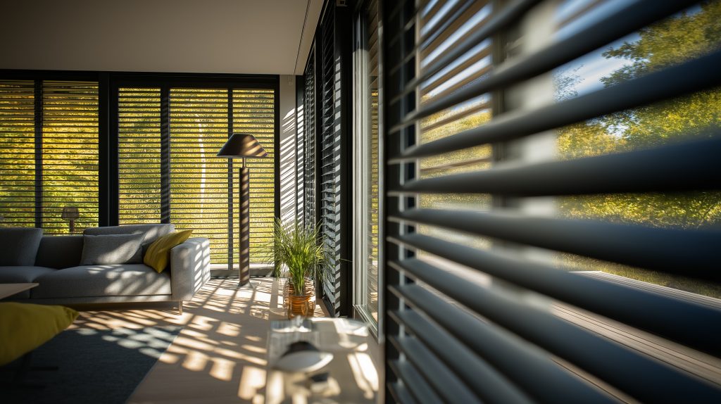 Stores en aluminium, posés dans une véranda moderne, offrant une protection solaire.
