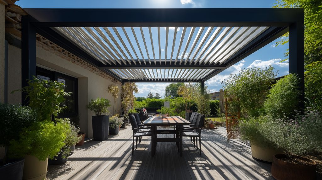 Pergola en aluminium avec lames orientables, structure noire, table et chaises en métal au dessous.