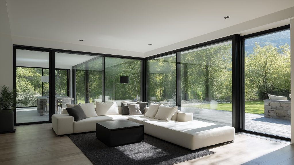 Verrière en aluminium avec grandes baies vitrées, créant une séparation entre l'intérieur et l'extérieur.